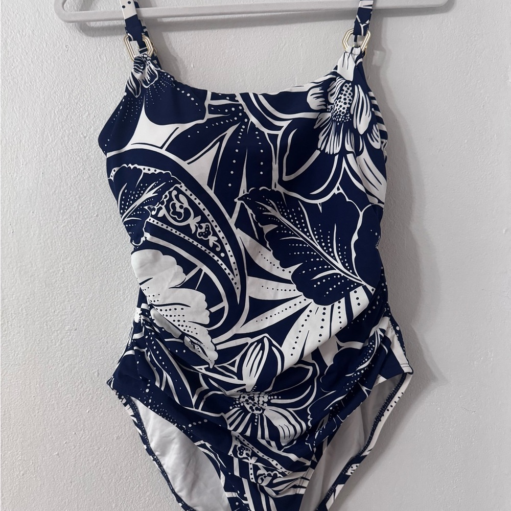 La Blanca Blue and White One-Piece Swimsuit Tropical Pattern